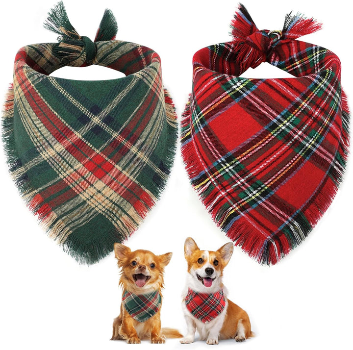 Halloween Dog Bandana, 2 Pack Fall Thanksgiving Classic Plaid Dog Scarf with Tassels Edges, Funny Pet Apparel & Accessories Costume for Photo Prop, and Party Decor (Large, Yellow&Orange)
