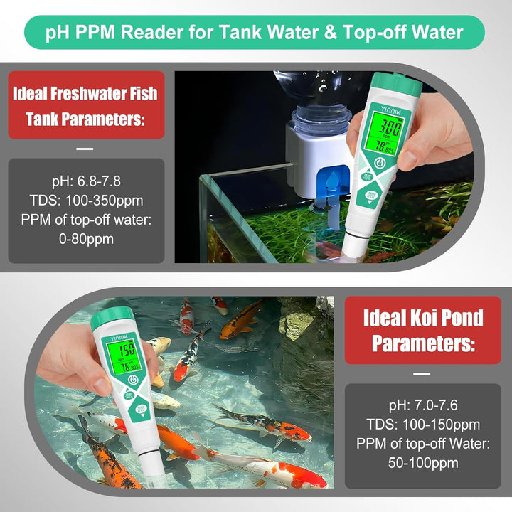 Aquarium Ph Salt Tester, Digital Salinity Meter for Freshwater & Saltwater Fish Tank, Simultaneous Display Salt Ph TDS for Koi Pond, Reef Tank, Aquaponics PPM Ph EC Reader, Hydrometer with S.G. Card