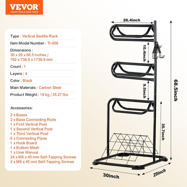 Freestanding Saddle Stand, 30 X 30 X 68.5 In, 3 Tiers Saddle Rack, Heavy Duty Saddle Blanket Holder with Removable & Rotating Tiers, English & Western Saddle Rack for Tack Room Organization