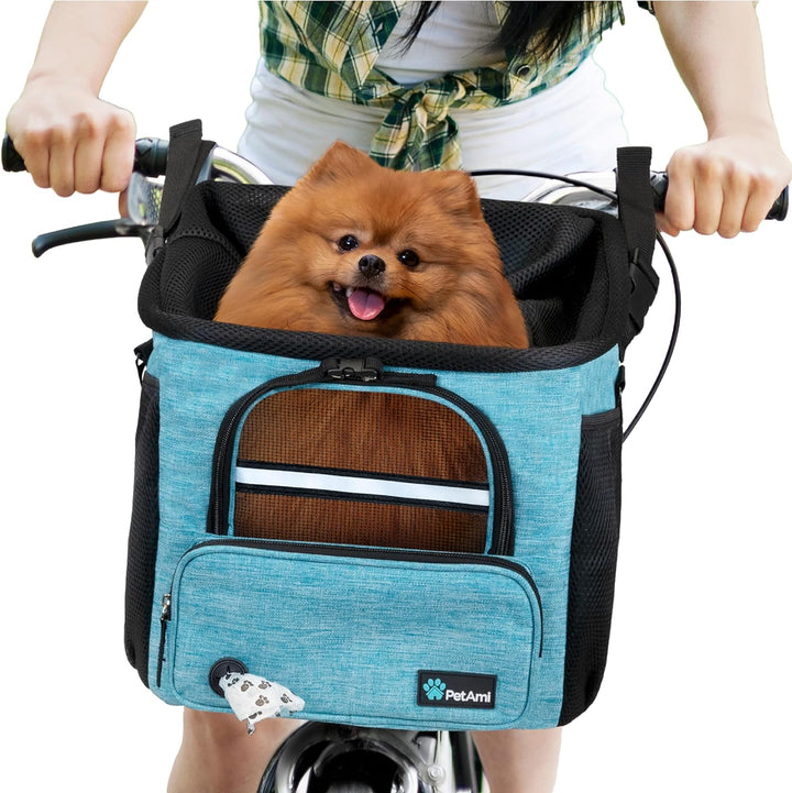 Dog Bike Basket, Soft-Sided Ventilated Dog Bike Carrier Backpack, Pet Bicycle Basket for Bike Handlebar, Small Medium Puppy Cat Kitten Car Booster Seat with Safety Strap, Max 18 Lbs, Dark Gray