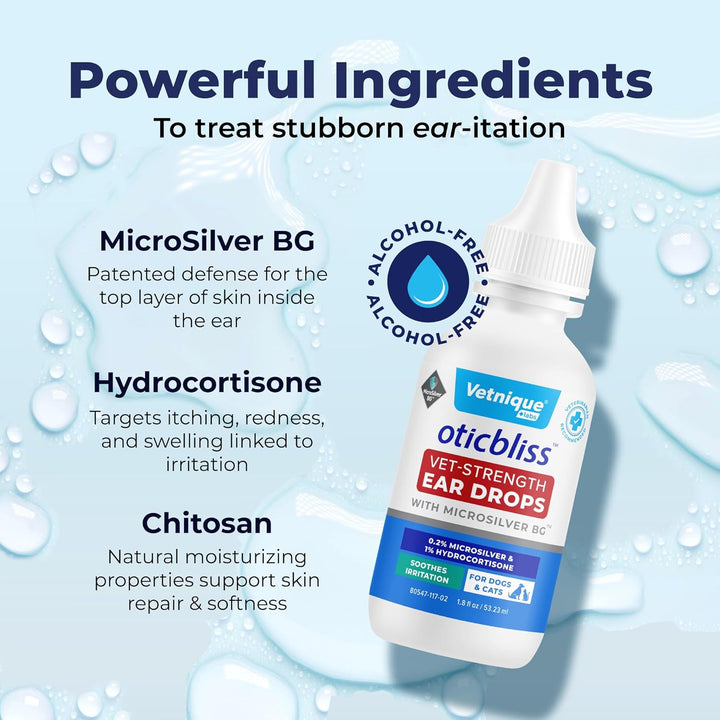Oticbliss Cat & Dog Ear Infection Treatment Drops - with 1% Hydrocortisone & Microsilver BG for Dog Ear Infections - Vet Recommended Cat & Dog Ear Cleaner for Itchy Ear Relief