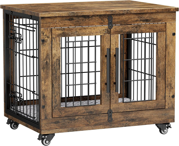 Dog Crate Furniture for Medium Dogs, 32'' Dog Kennel Indoor with Cushion & Wheels Wooden Dog Cage Double Doors Dog Crate End Table, Grey