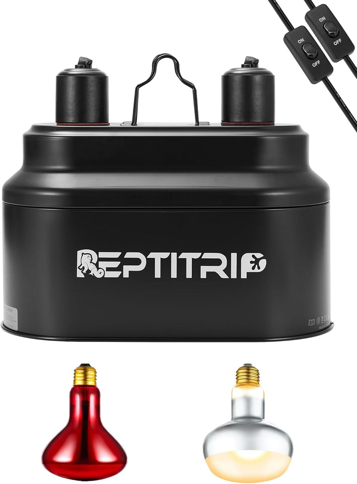 Dual Reptile Light Fixture with Switches, Reptile Heat Lamp Fixture, Reptiles Terrarium UVB Bulb Fixture for Bearded Dragon, Max 160W Each (Bulb Not Included)