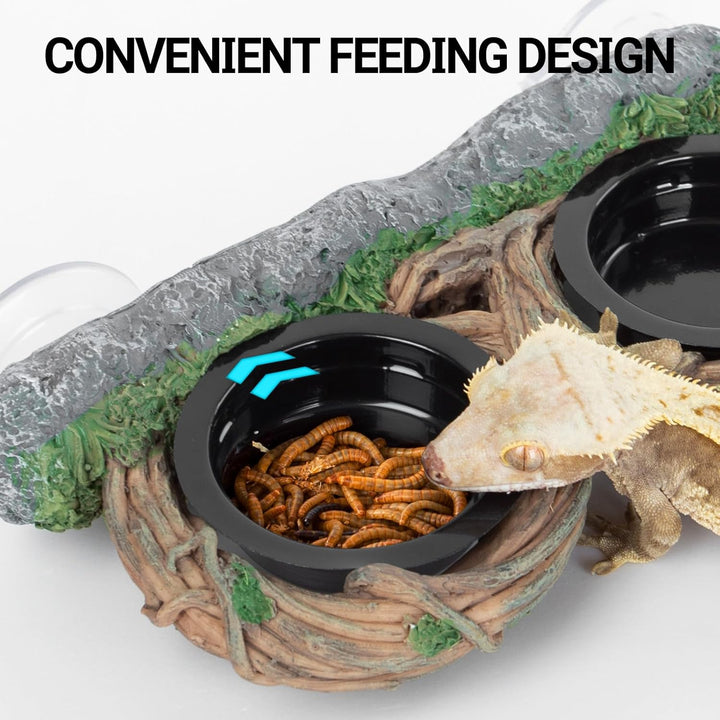 Dual Gecko Feeder Ledge, Reptile Hollow Vine Food Feeding for Bearded Dragon Lizard Snake Turtle, Reptile Water Feeding with 4 PCS Bowl, Reptile Dish Terrarium Tank Decor Accessories