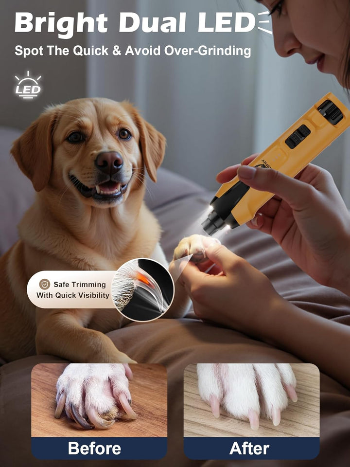 6-Speed Dog Nail Grinder – 50%+ Boost Power Dog Nail Trimmers Quiet with Dust Cap & 2 LED Lights & 2000Mah Battery & 4.8V Motor Electric Pet Toenail File Tool for Large Medium Small Dogs Cats