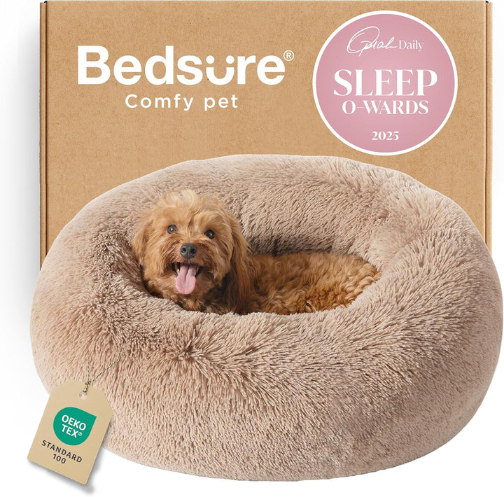 Calming Dog Bed Medium Size Dog - Donut Washable Medium Pet Bed, 30 Inches Anti-Slip round Fluffy Plush Faux Fur Cat Bed, Fits up to 45 Lbs Pets, Camel