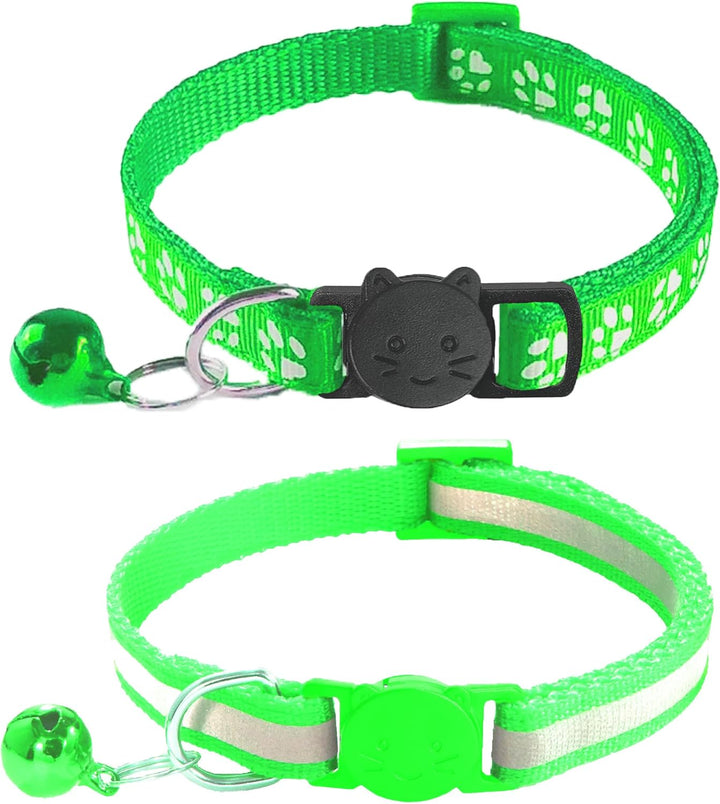 2 Pack Breakaway Cat Collars with Bells, Reflective Design and Claw Print Design, Safety Buckle Kitten Collars Adjustable from 7.5 to 12.5 Inches (Black)