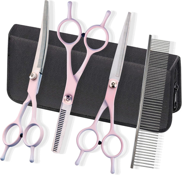 Dog Grooming Scissors Kit,  Professional Dog Trimming Scissors Set, Hair Cutting Curved Thinning Shears for Pet Cat at Home, Pet Grooming Supplies