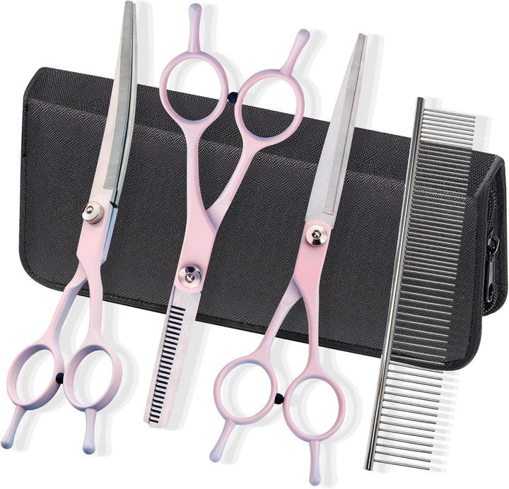 Dog Grooming Scissors Kit,  Professional Dog Trimming Scissors Set, Hair Cutting Curved Thinning Shears for Pet Cat at Home, Pet Grooming Supplies