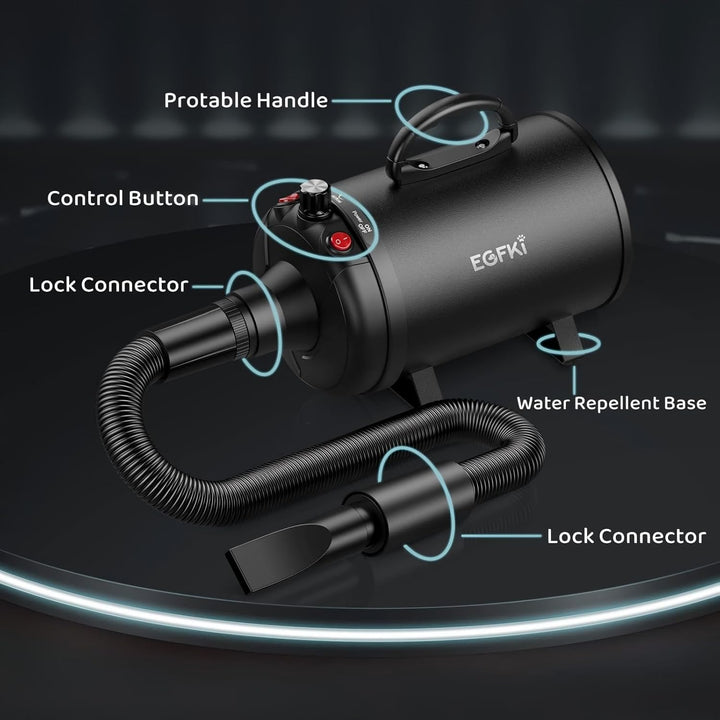 Dog-Hair-Dryer, 5.2HP/ 3800W High Velocity Pet Blow Dryer with Heater for Grooming, Speed Temperature Adjustable Dog Blower Grooming Dryer with 4 Nozzles