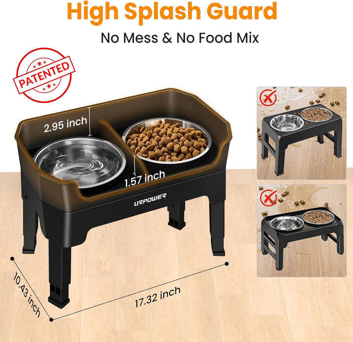 3-In-1 Elevated Dog Bowls - Mess Proof Double Deck 4 Height Adjustable Raised Stand with 2 Stainless Steel Food Bowls & Licking Plate for Small, Medium & Large Dogs
