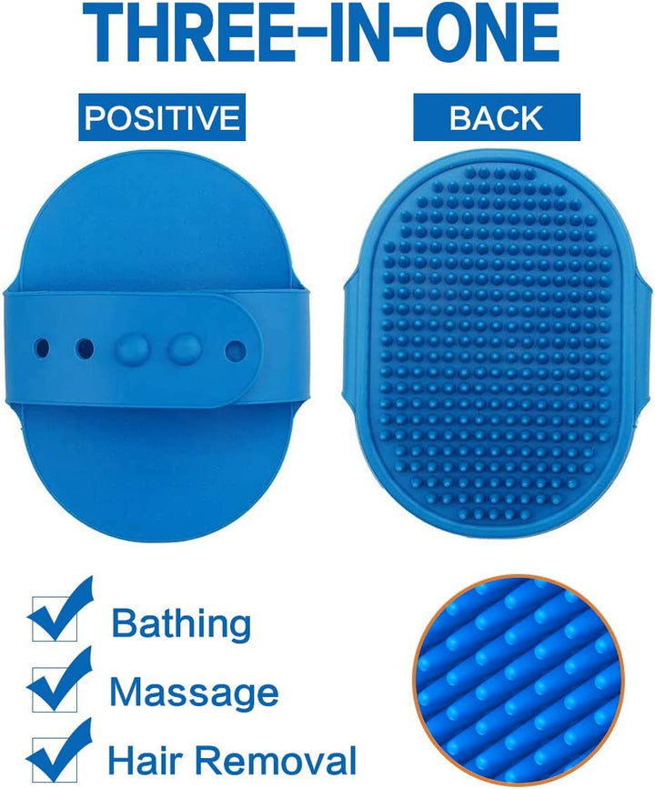 Dog Bath Brush,  Pet Bath Comb Brush Soothing Massage Rubber Comb 2Pcs with Adjustable Ring Handle for Long Short Haired Dogs and Cats (Blue+Rose)