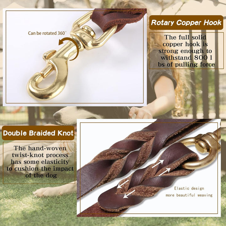 Leather Dog Leash 6Ft X 3/4 Inch,Strong Heavy Duty Genuine Leather Braided Dog Training Leash, Soft and Comfortable Leather Leash for Large Dogs, Medium Small Dogs (Brown, 6Ft*3/4In)