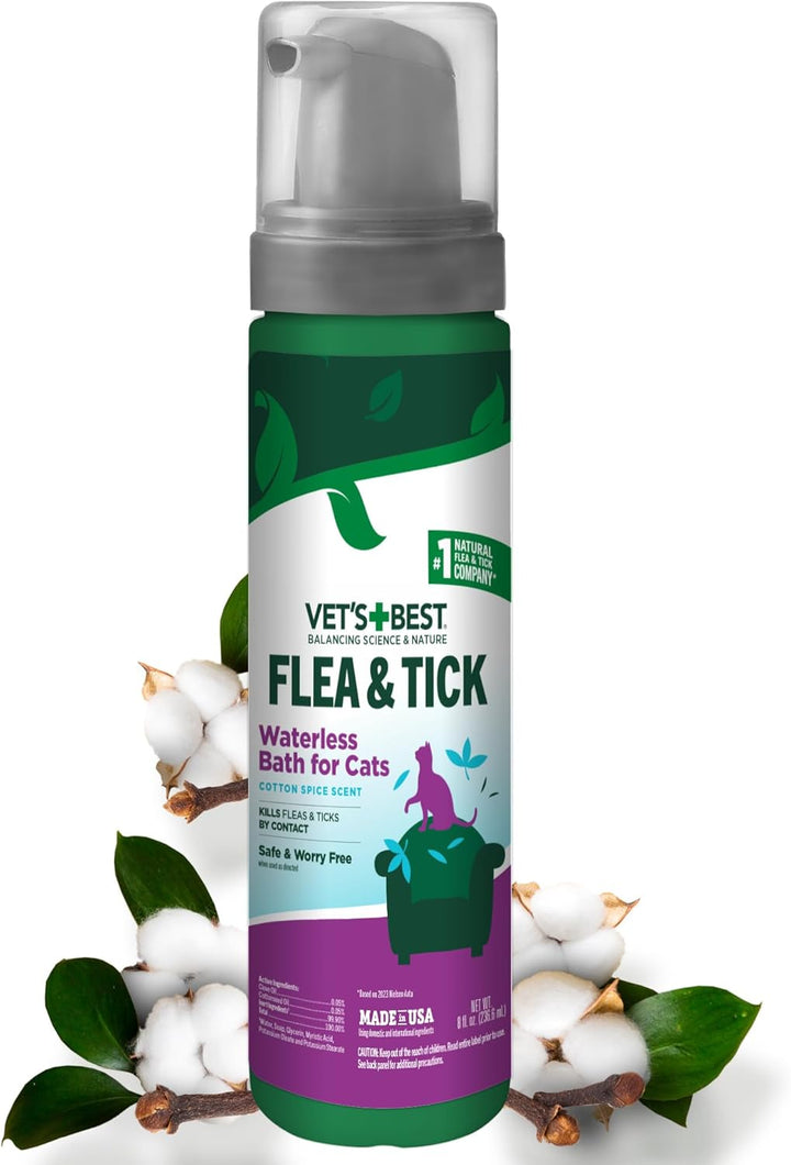 Natural Waterless Flea & Tick Bath for Cats – Natural No-Rinse Dry Shampoo with Plant-Based Ingredients – Flea and Tick Prevention and Control with Certified Essential Oils – 5 Oz Bottle