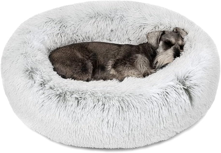 Donut Dog Bed Faux Fur Fluffy Calming Sofa for Medium Dogs, Soft & Plush anti Anxiety Pet Couch for Dogs, Machine Washable Coco Pet Bed with Non-Slip Bottom, 30"X30"X7" Ivory