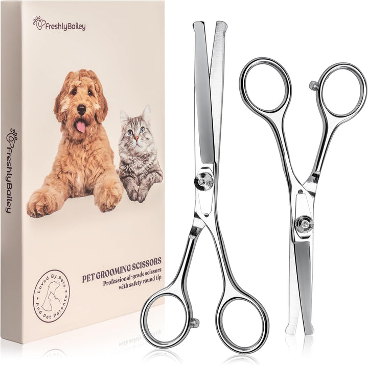 Pet Grooming Scissors Set with round Tips for Dogs & Cats - Professional Grade Shears Safely Cut through Dog or Cat Hair - Fur Trimming Made Easy - (Set of 2)