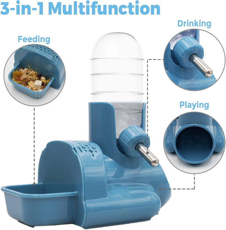 3 in 1 Hamster Water Bottle No Drip Small Animal Water Bottle Automatic Bottle Dispenser with Food Container Base Hut and Hideout Base 4Oz/120Ml,Leekproof, BPA Free