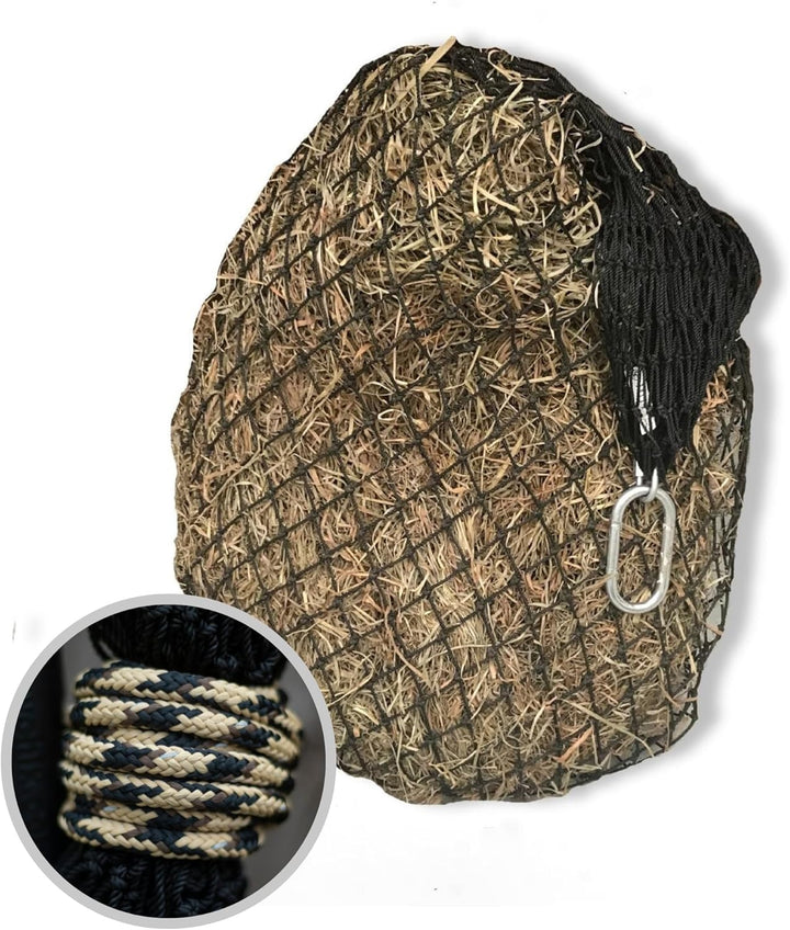 Hay Net for Horses | Slow Feed Hay Bag Feeder | Marine-Grade UV Treated Nylon | Holds 4-6 Flakes | Half Bale Net | 1 3/4" Holes | Oat Rope Color