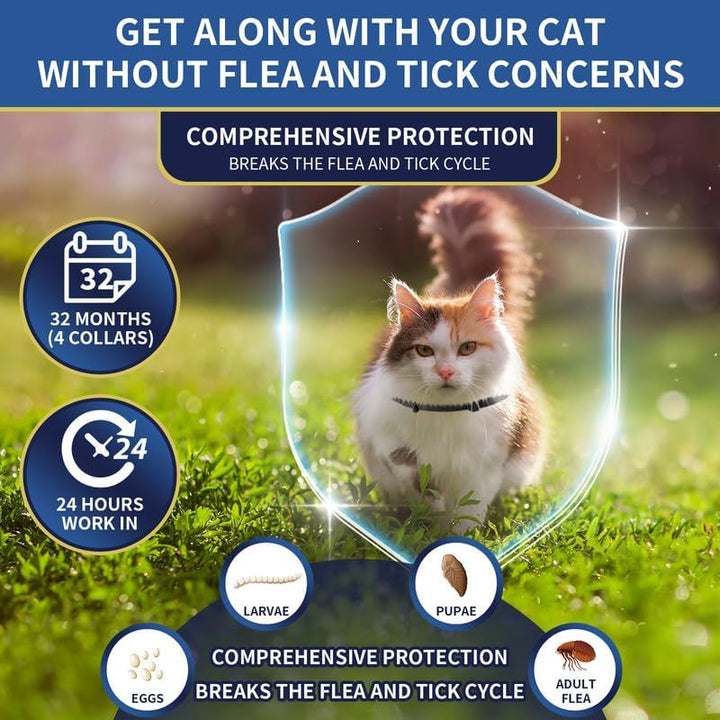4 Pack Flea Collar for Cats, 32 Months Flea and Tick Prevention for Cat, Waterproof Natural Cat Fleas and Ticks Treatment, Adjustable Fleas and Ticks Collar for Cats Kittens(4 Colors)