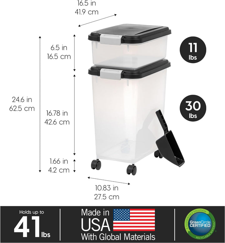 IRIS USA Dog Food Storage Container, 30 Lbs & 11 Lbs Combo, Cat Food Storage Container, Dog Treat Container, Airtight, Stackable, 2-Cup Scoop, Wheels, Easy Mobility, Black