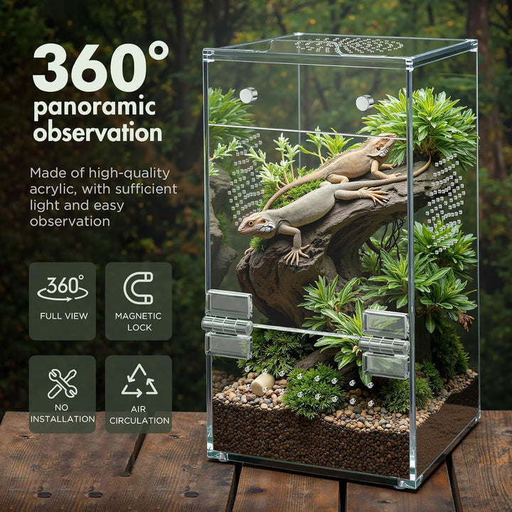 Jumping Spider Enclosure, Acrylic Terrarium with Magnetic Door & All-Side Ventilation, Pre-Assembled Reptiles Habitat for Praying Mantis, Tarantula, Snail, Hermit Crab, Frog (3.5"X3.5"X7")