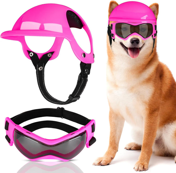 Dog Helmet and Goggles - UV Protection Doggy Sunglasses Dog Glasses Pet Motorcycle Helmet Hat with Ear Holes Adjustable Belt Safety Hat for Small Medium Large Dogs Puppy Riding (Black, S)