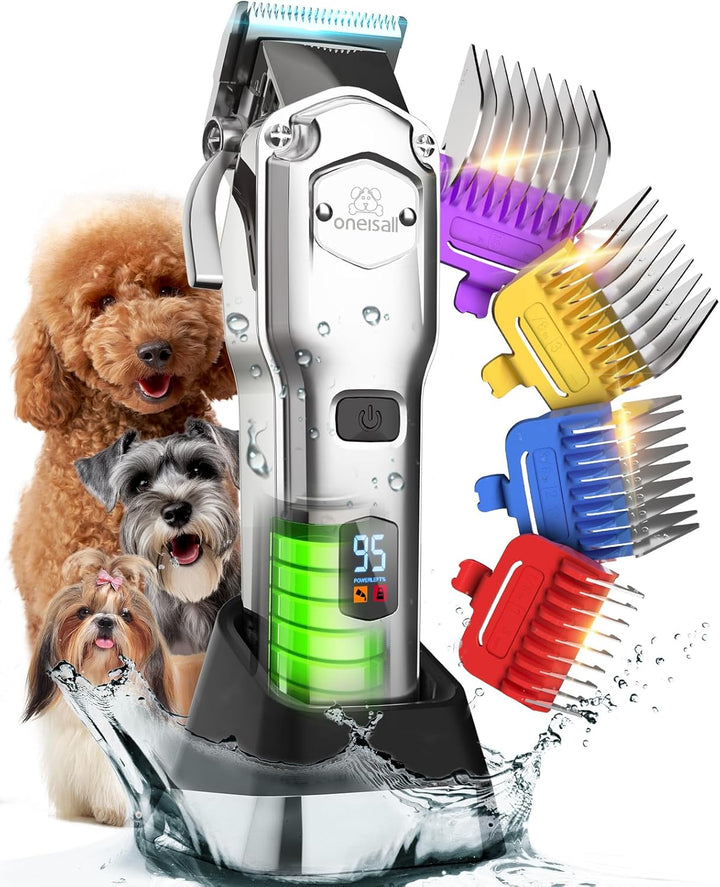 Dog Clippers for Grooming for Thick Heavy Coats/Low Noise Rechargeable Cordless Pet Shaver with Stainless Steel Blade/Waterproof Dog Shaver for Dogs Pets and Animals (Sliver)