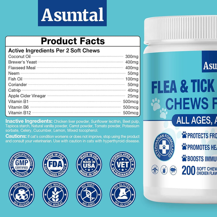 Flea and Tick Prevention for Cats Chewable, Natural Cat Flea Treatment, Oral Kitten Cat Flea & Tick Control, Flea Pills Supplement with Vitamins Support Immune, Skin & Coat, 200 Soft Chews (Chicken)