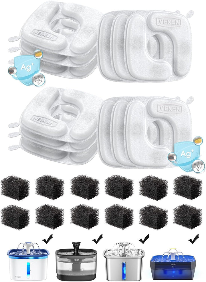 Cat Water Fountain Filters, 8 Pack Replacement Filters & 8 Pack Replacement Pre-Filter Sponges Set for 50Oz, 84Oz, 95Oz Automatic Pet Fountain Dog Water Dispenser