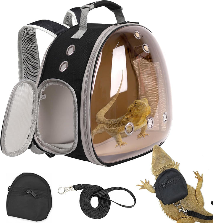 Small Animal Travel Backpack Carrier,Portable Bearded Dragon Bag for Sugar Glider,Hedgehog,Rat,Bunny,Rat,Outdoor Used (Black, Carrier L+ I Leash)
