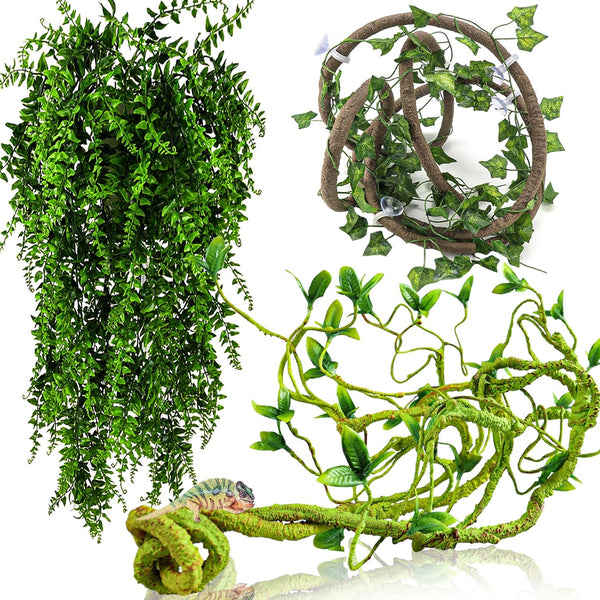 Reptile Vines, Flexible Jungle Climbing Vines Terrarium Plastic Plants and Leaves Tank Accessories Decor for Gecko Snake Lizard Bearded Dragon Hermit Crab Frog
