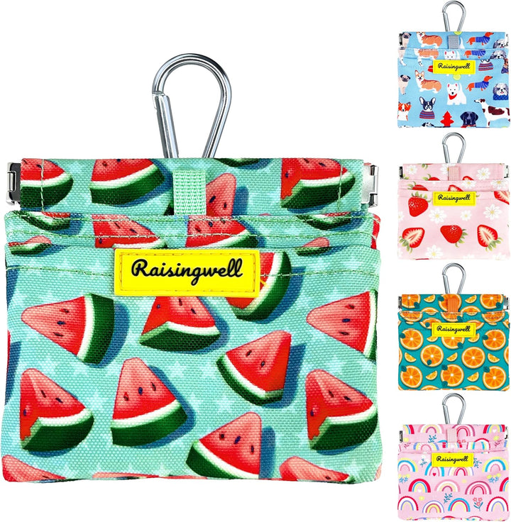 Dog Treat Pouch, Green Pocket Sized Pet Training Pouch, Cotton Fabric, Hand Free Dog Walking Bag with Carabiner, Self-Closing Pet Feed Snack Reward, for Puppy Travel or Outdoor Use