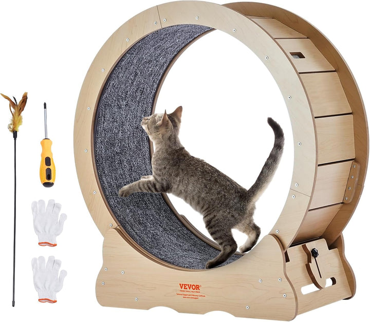 Cat Exercise Wheel, 43.3" Large Treadmill for Indoor Cats, Running Wheel with Detachable Carpet & Teaser for Running/Walking/Training, Suitable for Most Cats Black