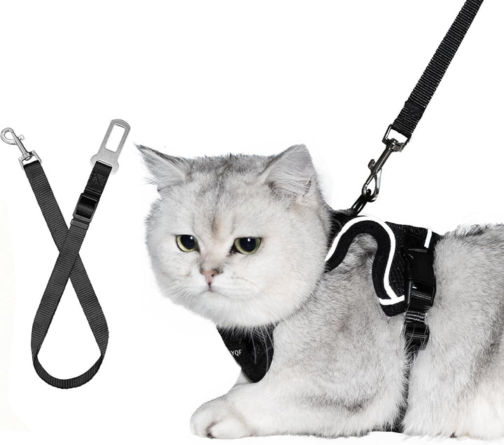 Cat Harness and Leash for Walking, Cat Car Harness, Escape Proof Soft Adjustable Vest Harnesses for Cats, Easy Control Breathable Reflective Strips Harness, Kitten Harness and Leash Set, Black, S
