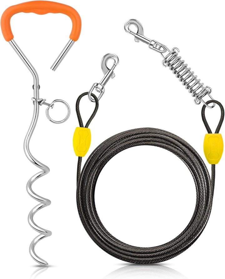 Dog Tie-Out Cable and Stake - 30Ft Heavy Duty Cable with Spring, No Tangle, 16In Ground Stake, Ideal for Yard, Camping and Beach, Suitable for Small Medium Large Dogs up to 120 Lbs, Blue