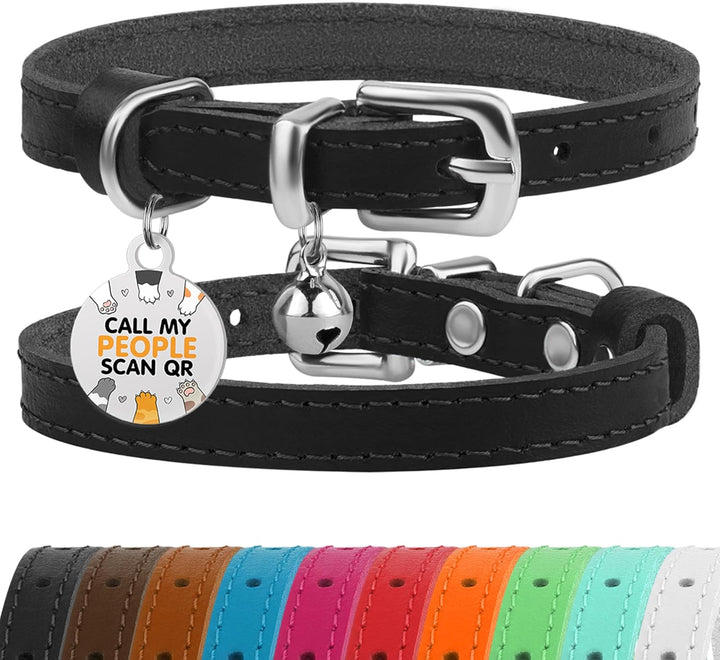Leather Cat Collar with Removable Bells Non Breakaway Kitten QR Tag for Girl Boy (7" - 9" for Cats, Black & Gold)