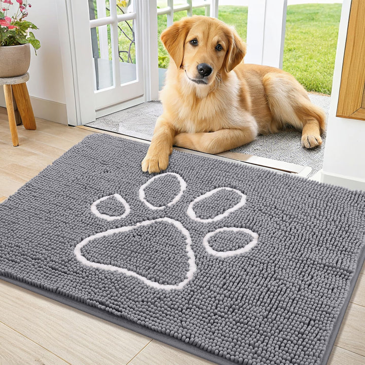 Dog Door Mat for Muddy Paws, Absorbent Dirt Trapper Non Slip Quick Dry Washable Chenille Mat for Mud Dogs, Entry Rug for Indoor and Outdoor (30X20 Inches, Grey)