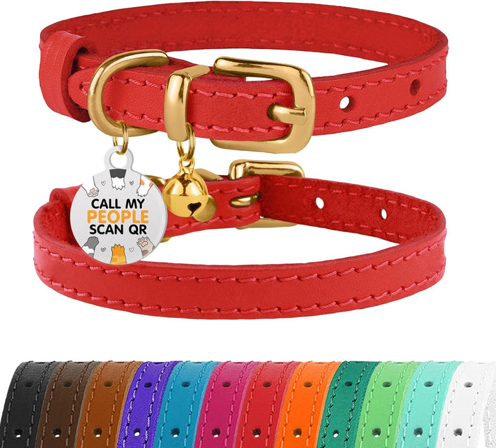 Leather Cat Collar with Removable Bells Non Breakaway Kitten QR Tag for Girl Boy (7" - 9" for Cats, Black & Gold)