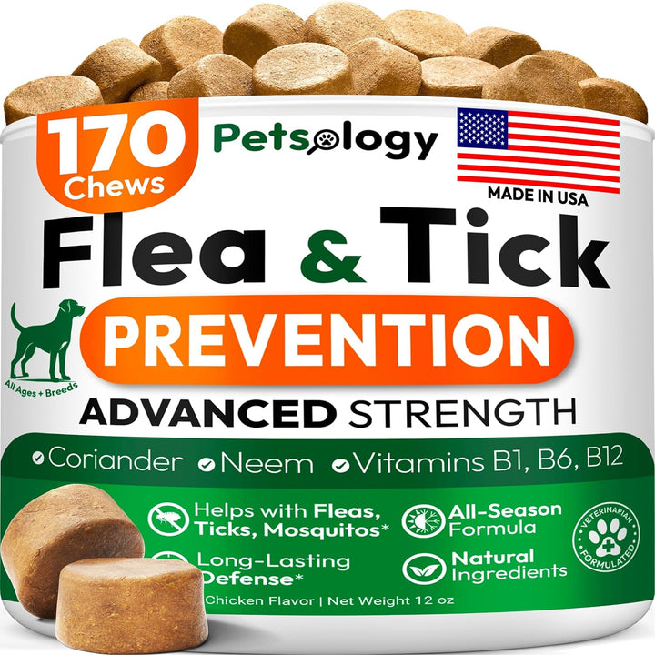 Flea and Tick Prevention for Dogs Pills - Natural Dog Flea & Tick Control - 170 Soft Chewables - Oral Defense Treatment for Dogs Supplement - Vet Formulated Chews - All Breeds & Ages - Made in USA
