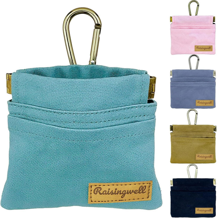 Dog Treat Pouch, Green Pocket Sized Pet Training Pouch, Cotton Fabric, Hand Free Dog Walking Bag with Carabiner, Self-Closing Pet Feed Snack Reward, for Puppy Travel or Outdoor Use