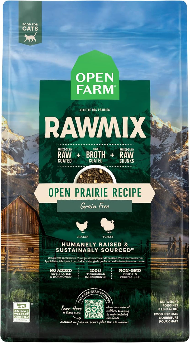 , Rawmix Dry Cat Food, Protein-Packed Kibble Coated in Bone Broth with Freeze Dried Raw Chunks, for Indoor & Outdoor Cats, Chicken & Turkey Grain-Free Recipe, 8Lb Bag