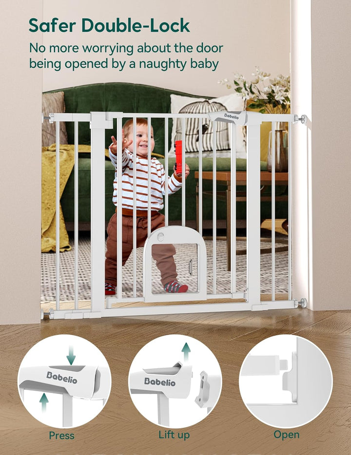 Baby Gate with Adjustable Cat Door,29-43" Auto Close Durable Pet Door for Stairs,Doorways and House,Pressure Mounted,Easy Install,Effortless Walk Thru,White