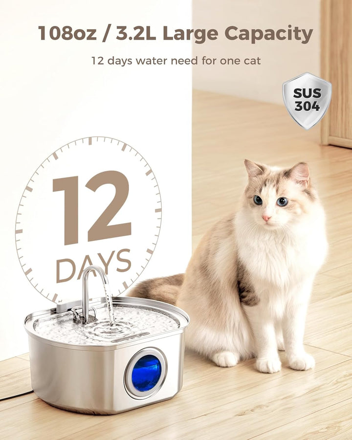 Cat Water Fountain Stainless Steel: 108Oz/3.2L Cat Fountain for Drinking- Pet Water Fountain inside - Automatic Dog Watering Dispenser Bowl - Pet Feeding & Watering Supplies - Water Level Window