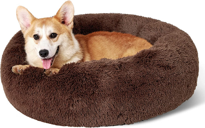 Calming Dog Bed Medium Size Dog - Donut Washable Medium Pet Bed, 30 Inches Anti-Slip round Fluffy Plush Faux Fur Cat Bed, Fits up to 45 Lbs Pets, Camel