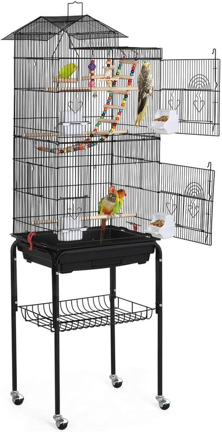 Bird Cage 64-Inch Play Open Top Medium Small Parrot Parakeet Bird Cages with Detachable Rolling Stand for Parrot Lovebirds Finches Parakeets Budgie Parrotlet Conures, Pet Flight Birdcage