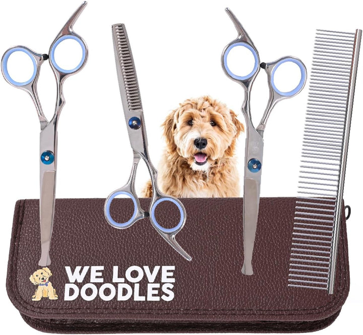 Dog Grooming Scissors Kit - Best Tools for Goldendoodles, Poodles & Doodles - Straight, Curved & Thinning Shears - Golden Doodle Grooming Kit - Professional Grade Steel, 4 Pc Set []