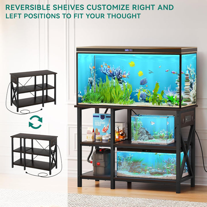 40-50 Gallon Fish Tank Stand with Power Outlet, 40X18 Inch Metal Aquarium Stand with 3-Tier Adjustable Storage Shelves and Hooks, 700LBS Capacity, Black