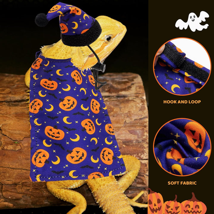 Halloween Bearded Dragon Costume, Cute Pumpkin Pattern Holiday Small Pet Clothes and Hat Set Outfit, Lizard Reptiles Small Animal Accessories
