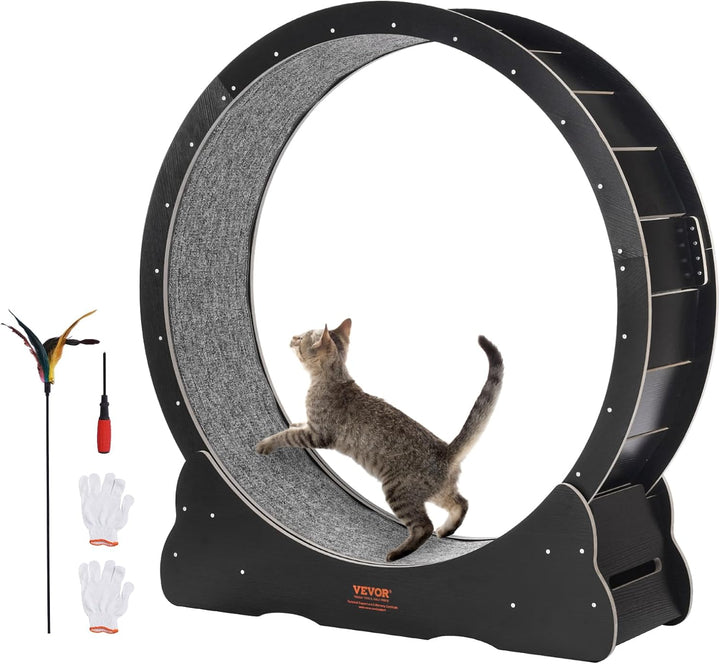 Cat Exercise Wheel, 43.3" Large Treadmill for Indoor Cats, Running Wheel with Detachable Carpet & Teaser for Running/Walking/Training, Suitable for Most Cats Black