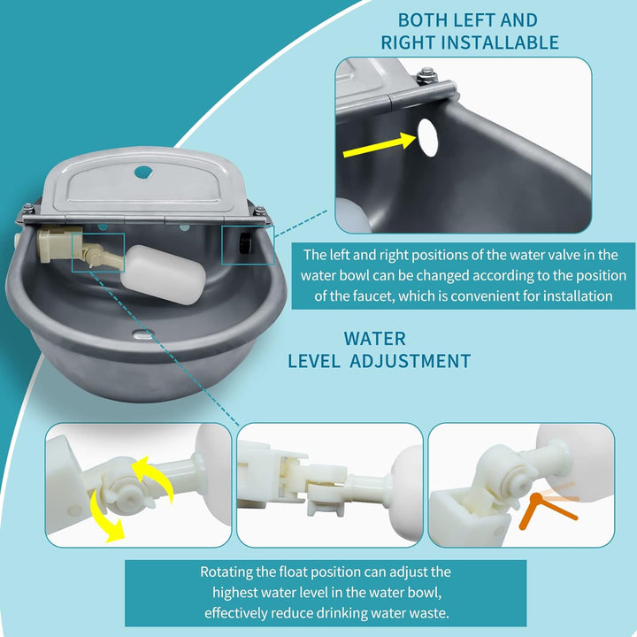 Automatic Animal Drinking Water Bowl, 304 Stainless Steel Waterer for Dog Horse Goat Pig Cow, Livestock Water Trough Dispenser with Pipe Hose, 2 Float Valves, Quick Connecter, Expansion Bolt